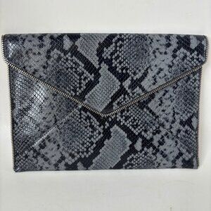 Rebecca Minkoff Leo Clutch Gray Black Snake Embossed Envelope Bag  Elevate your